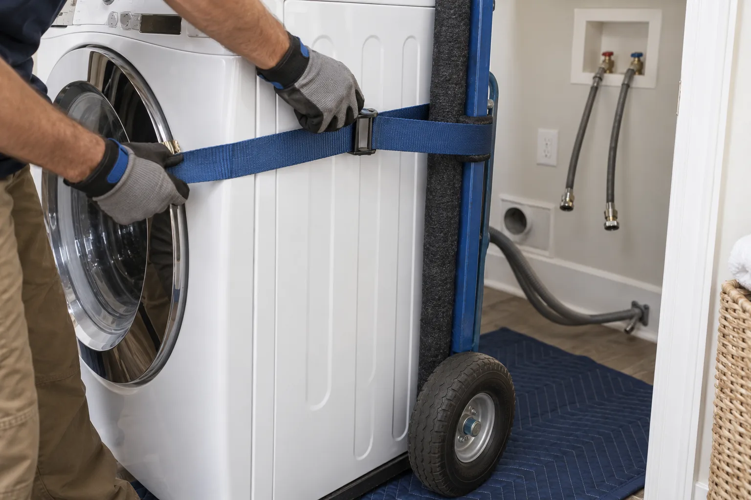 A washing machine is secured to a padded hand truck beside disconnected hoses.