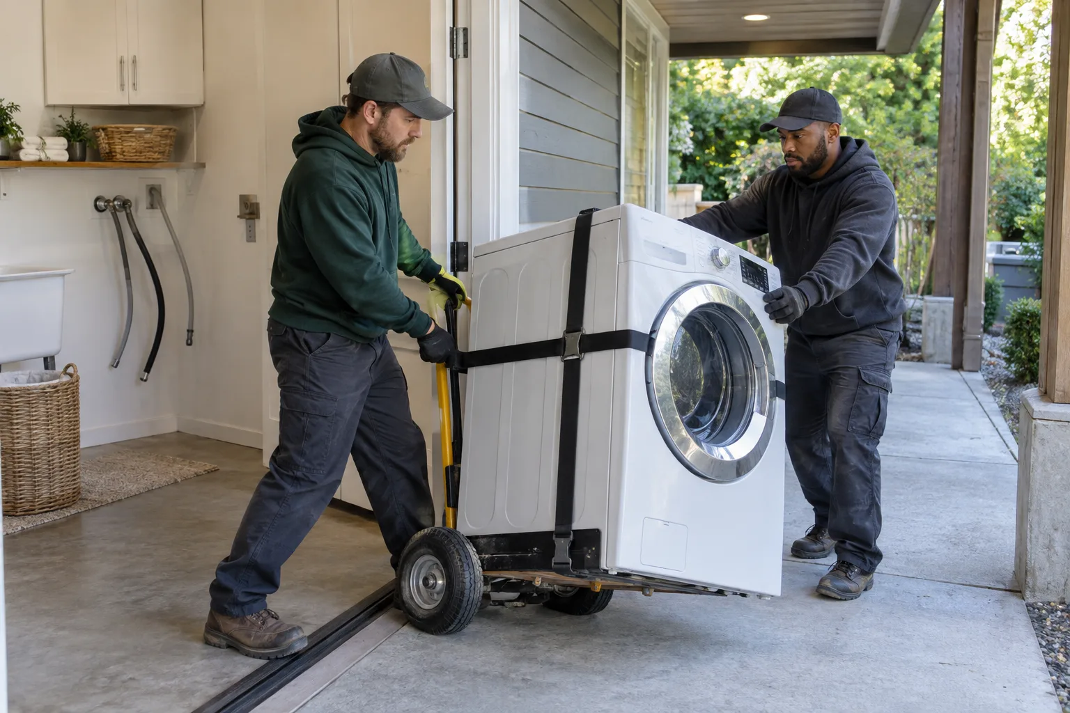 Two workers move an unplugged washing machine on a secured appliance dolly.