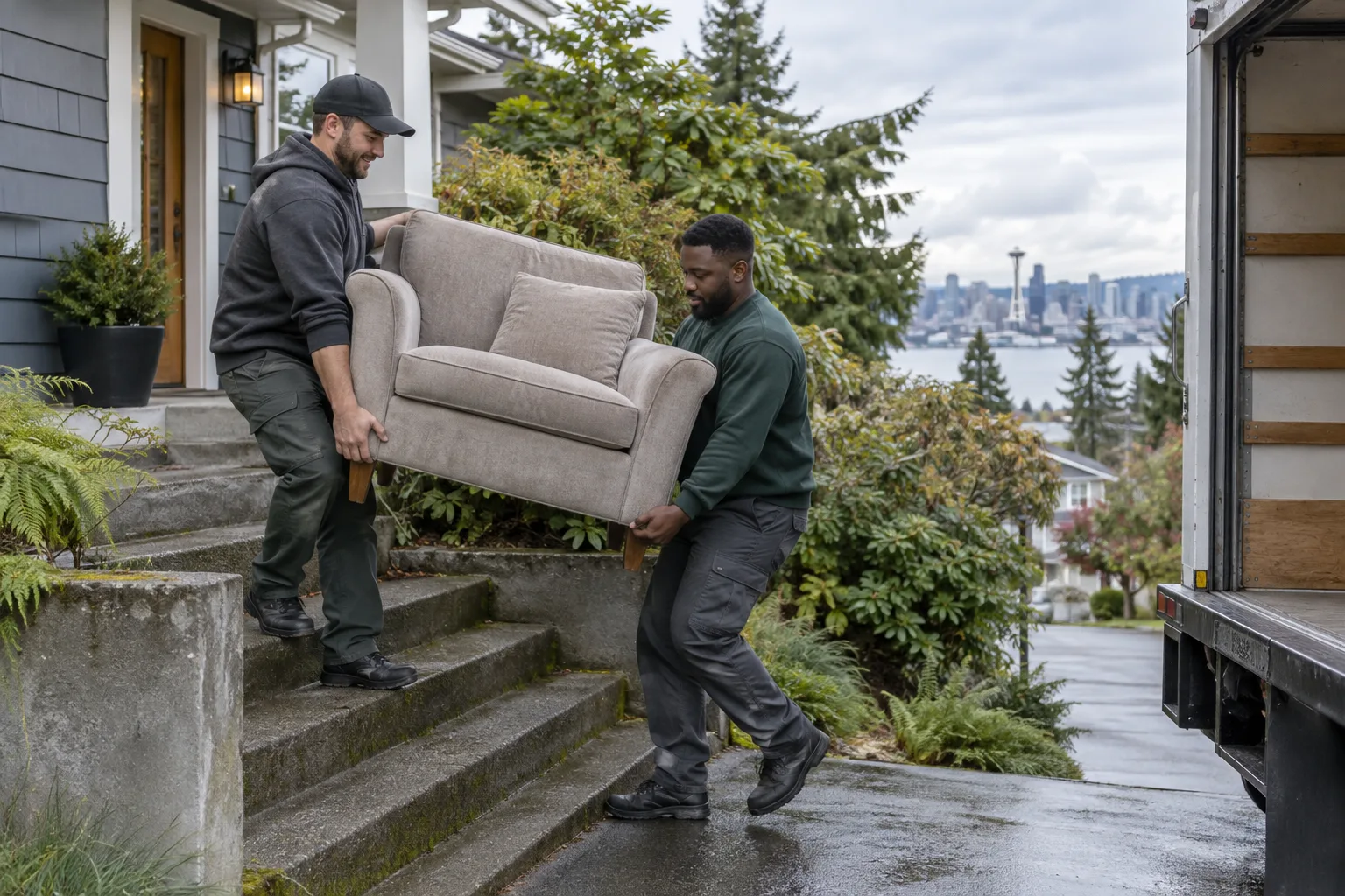 Two workers carry an armchair down porch steps toward a truck.