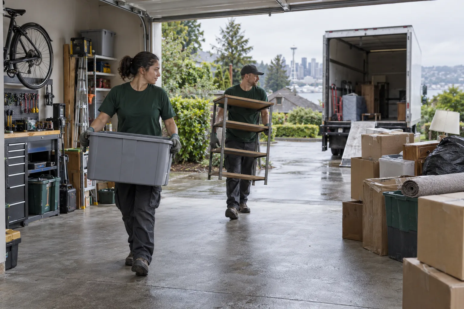 Workers carry sorted bins and shelving from a residential garage.