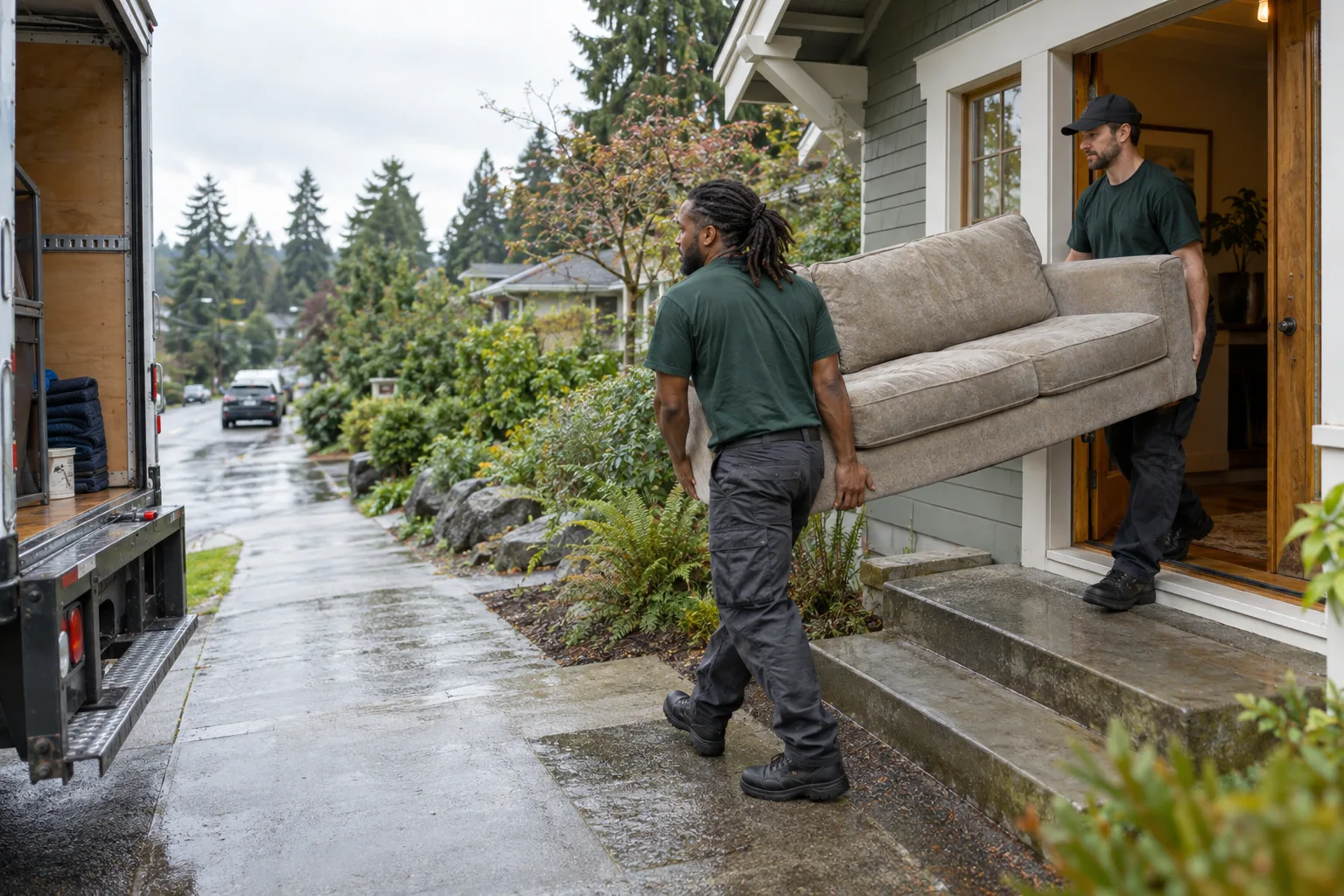 Two workers carry a sofa from a Seattle home toward a removal truck.