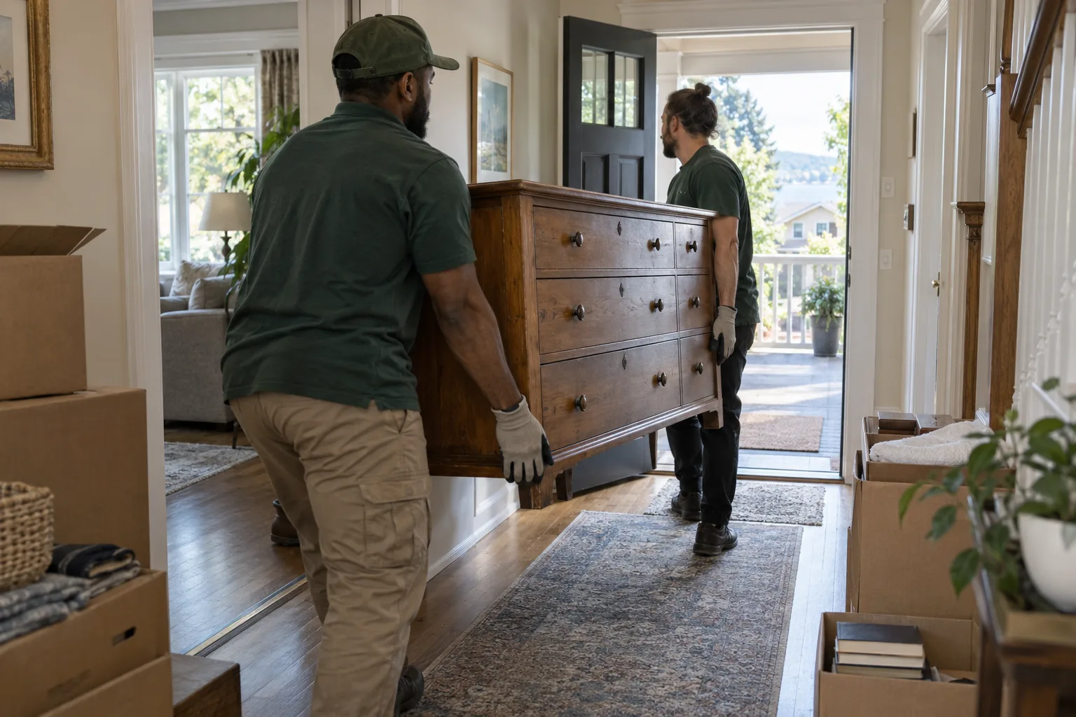 Two workers carry a wooden dresser through a clear path during a house cleanout.