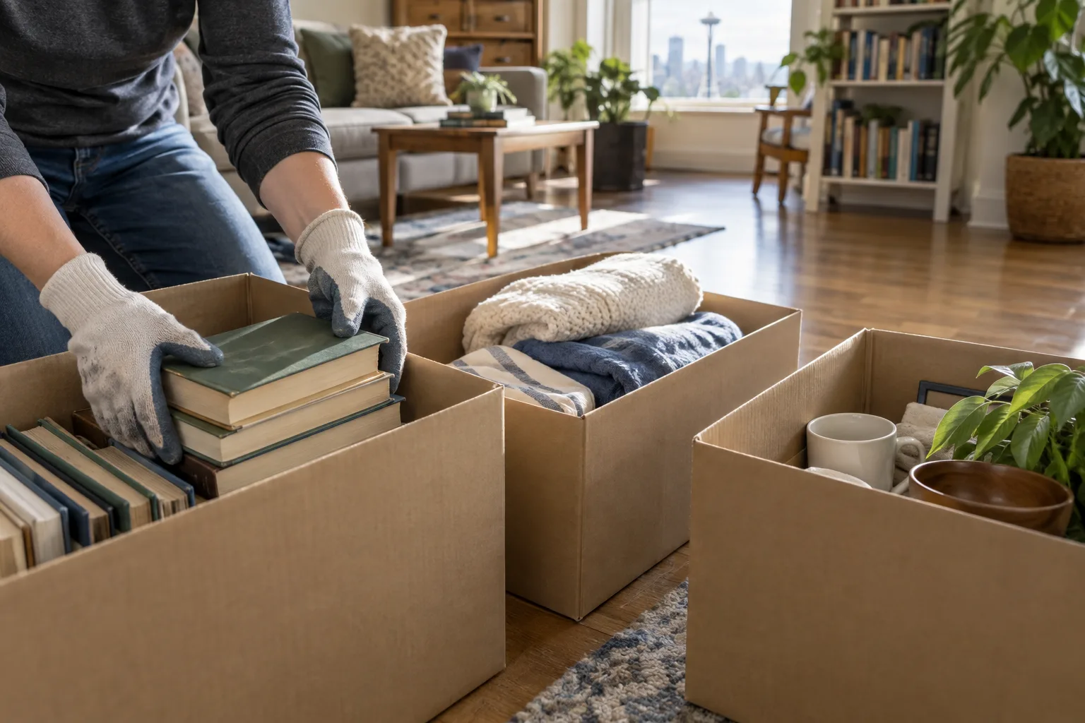 Household books, linens, and small items are sorted into separate boxes.